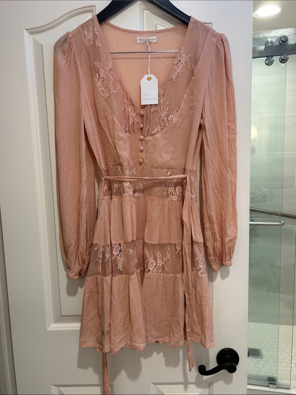 Coco + Jameson Lace-Trim Long-Sleeve Tiered Dress in Dusty Rose